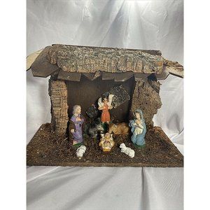 Nativity Attached Figures Christmas Table Top Moss Bark Wood Vintage DAMAGED